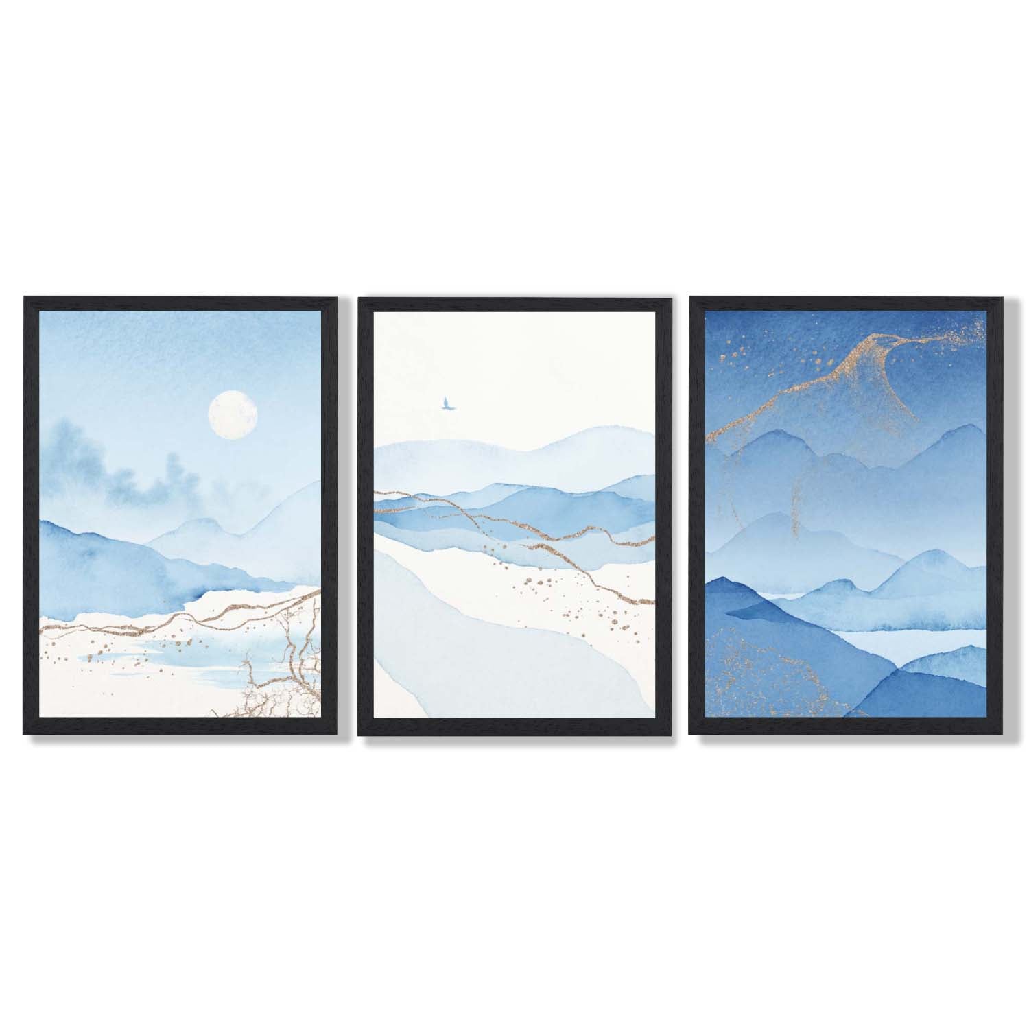 Set of 3 Abstract Blue Ocean Mordros Framed Art Prints with Black Wooden Frames