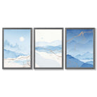Set of 3 Abstract Blue Ocean Mordros Framed Art Prints with Dark Grey Wooden Frames