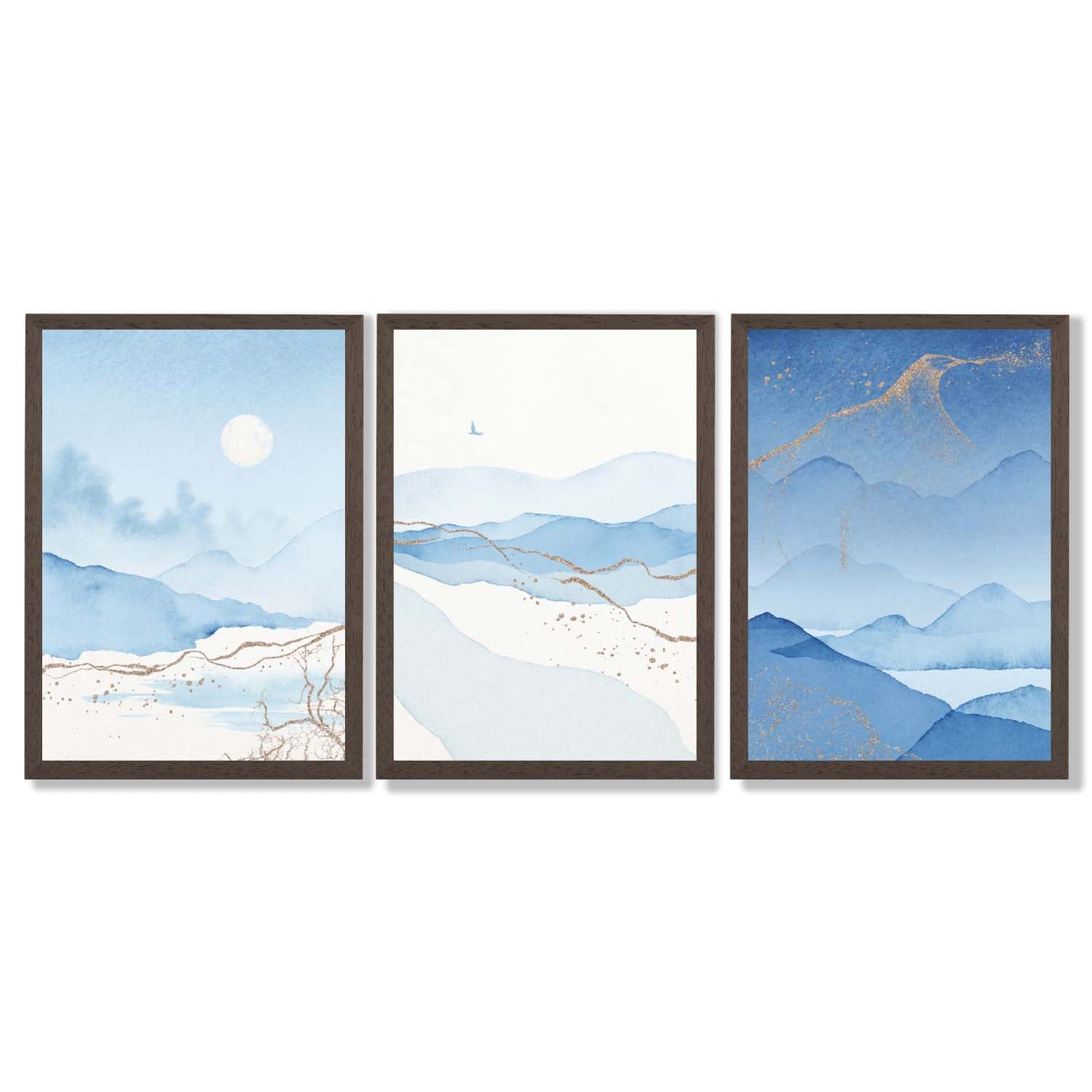 Set of 3 Abstract Blue Ocean Mordros Framed Art Prints with Dark Wood Frames