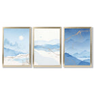 Set of 3 Abstract Blue Ocean Mordros Framed Art Prints with Gold Wood Frames