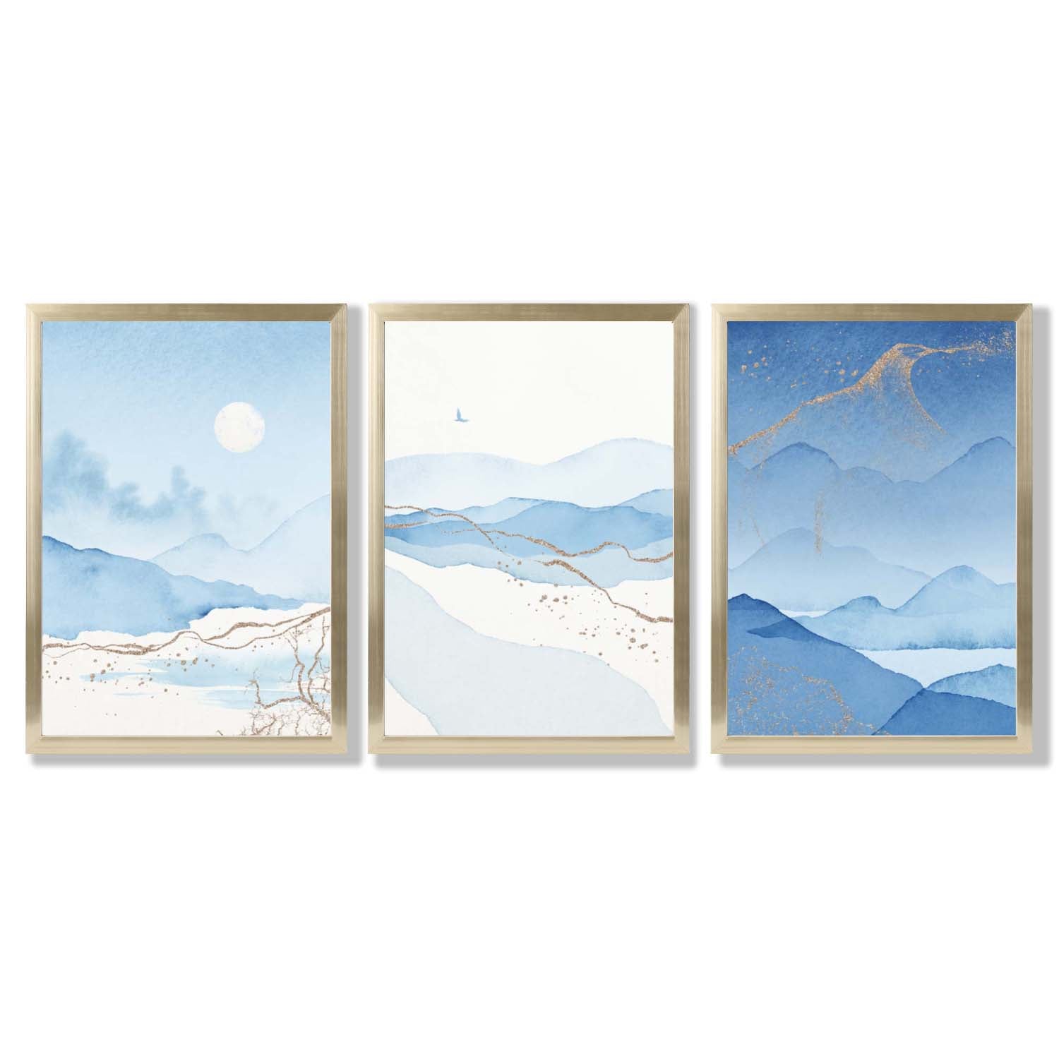 Set of 3 Abstract Blue Ocean Mordros Framed Art Prints with Gold Wood Frames