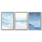 Set of 3 Abstract Blue Ocean Mordros Framed Art Prints with Light Grey Wooden Frames