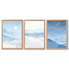 Set of 3 Abstract Blue Ocean Mordros Framed Art Prints with Light Oak Frames