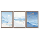 Set of 3 Abstract Blue Ocean Mordros Framed Art Prints with Light Walnut Frames