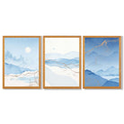 Set of 3 Abstract Blue Ocean Mordros Framed Art Prints with Oak Wooden Frames