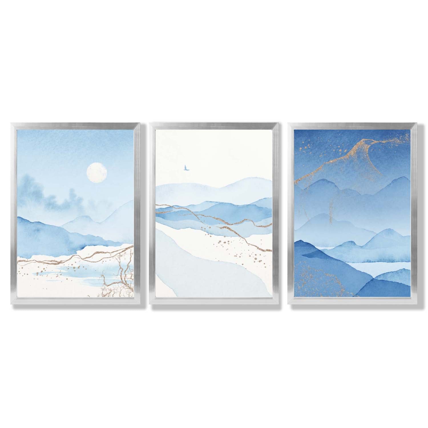 Set of 3 Abstract Blue Ocean Mordros Framed Art Prints with Silver Wood Frames