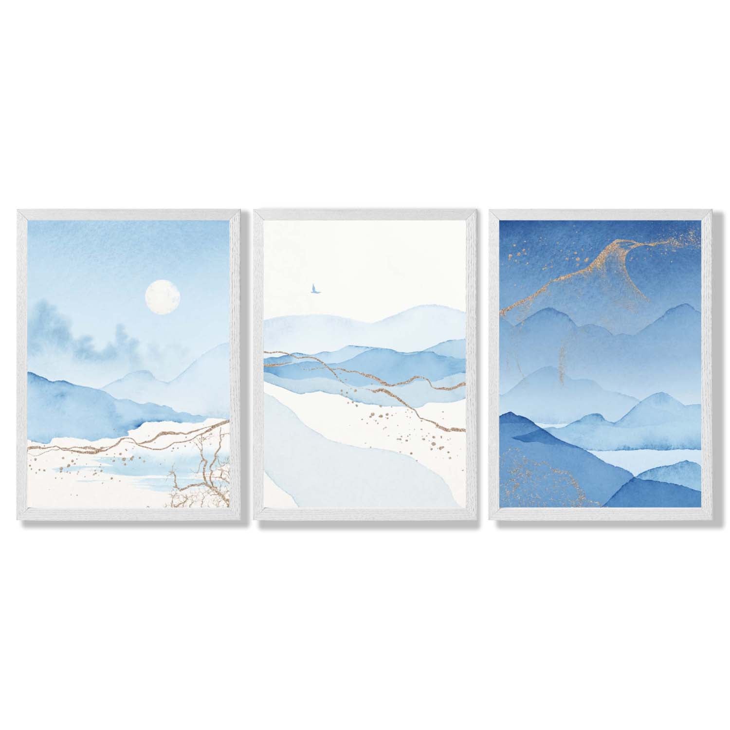 Set of 3 Abstract Blue Ocean Mordros Framed Art Prints with White Wooden Frames