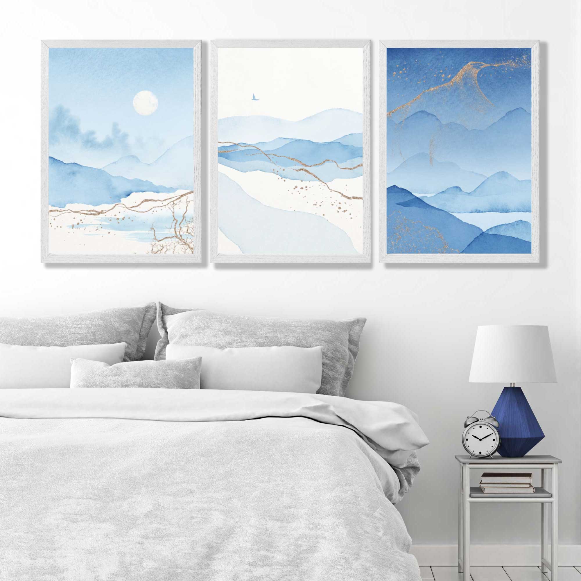Set of 3 Abstract Blue Ocean Mordros Art Prints in Luxury Frames | Artze UK