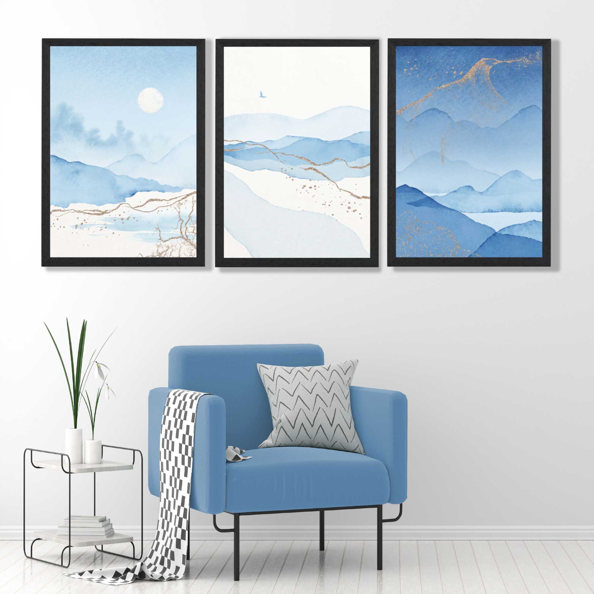 Set of 3 Abstract Blue Ocean Mordros Art Prints in Black Frames | Artze UK