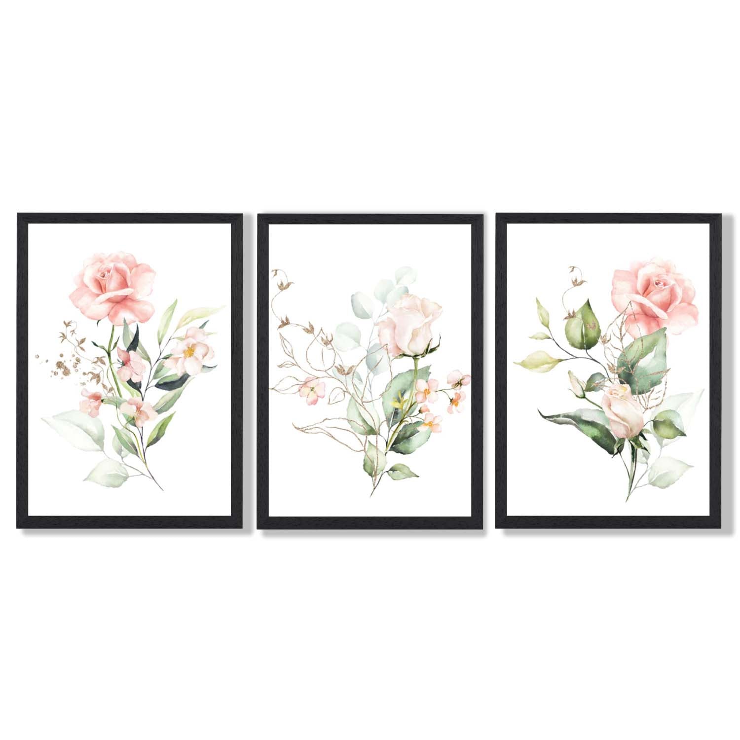 Set of 3 Pink Spring Rose Posies Framed Art Prints with Black Wooden Frames