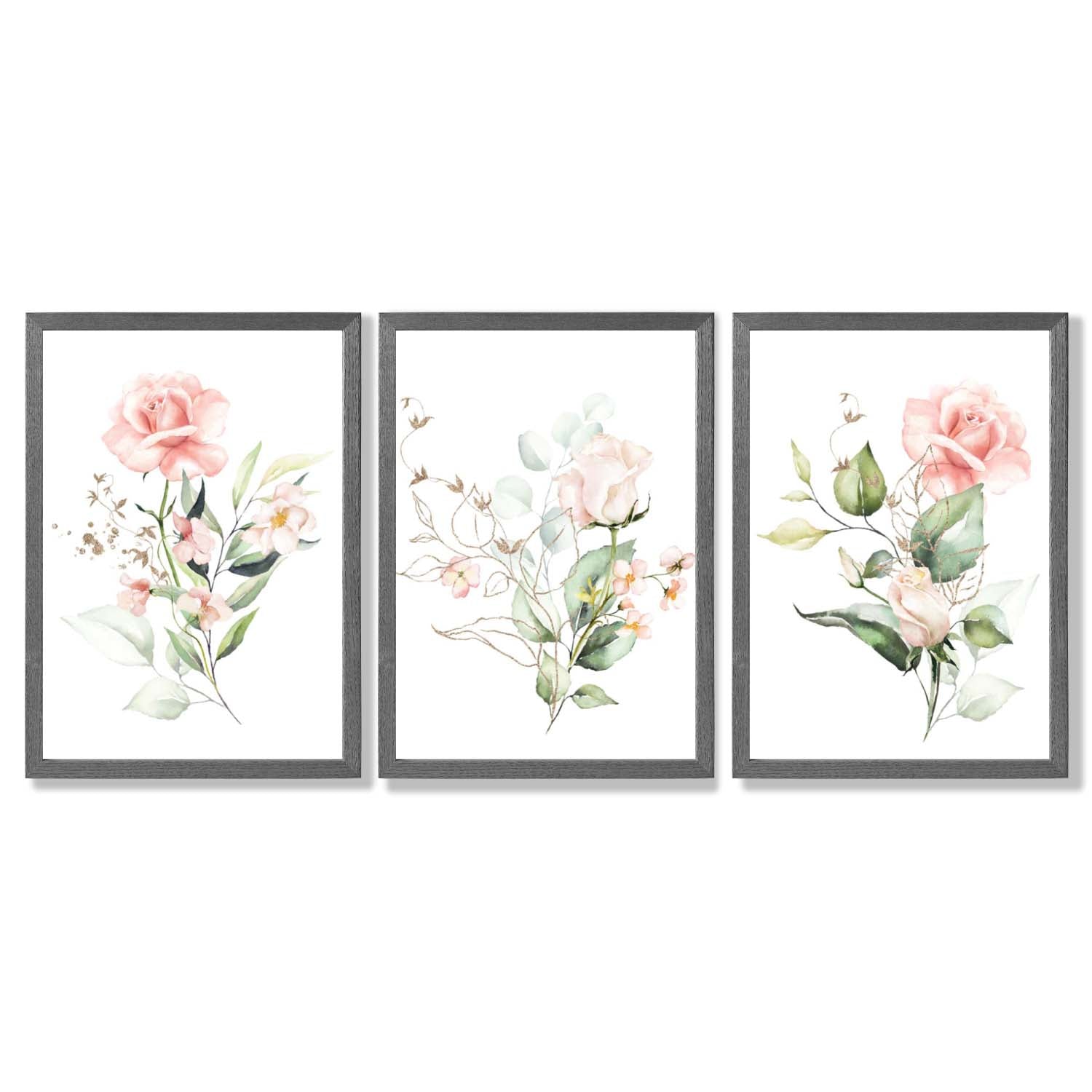 Set of 3 Pink Spring Rose Posies Framed Art Prints with Dark Grey Wooden Frames