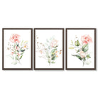Set of 3 Pink Spring Rose Posies Framed Art Prints with Dark Wood Frames