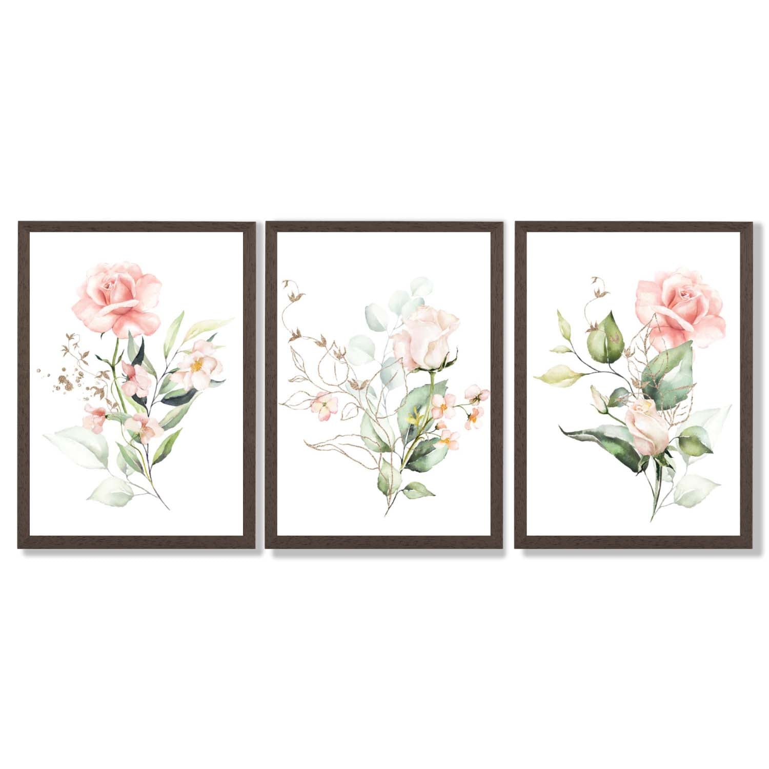 Set of 3 Pink Spring Rose Posies Framed Art Prints with Dark Wood Frames