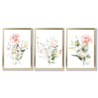 Set of 3 Pink Spring Rose Posies Framed Art Prints with Gold Wood Frames