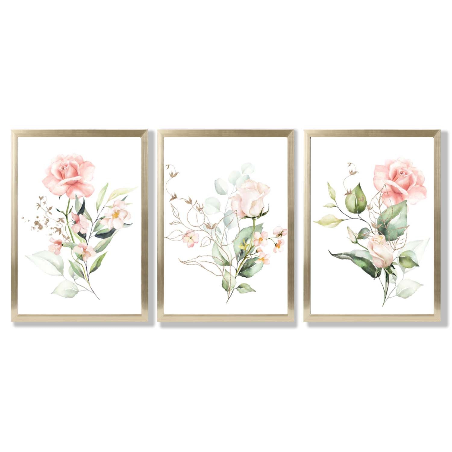 Set of 3 Pink Spring Rose Posies Framed Art Prints with Gold Wood Frames