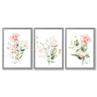 Set of 3 Pink Spring Rose Posies Framed Art Prints with Light Grey Wooden Frames