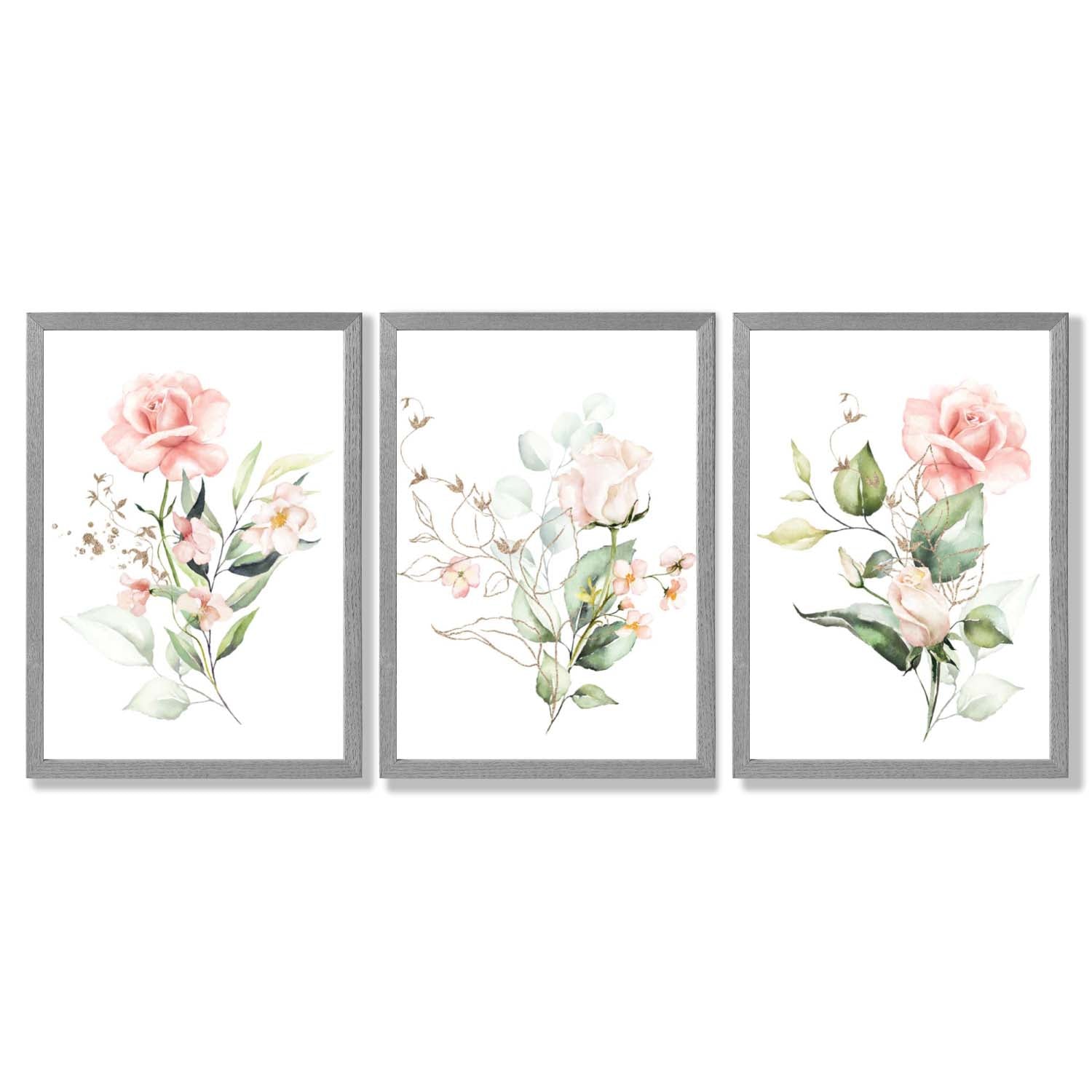 Set of 3 Pink Spring Rose Posies Framed Art Prints with Light Grey Wooden Frames