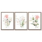 Set of 3 Pink Spring Rose Posies Framed Art Prints with Light Walnut Frames