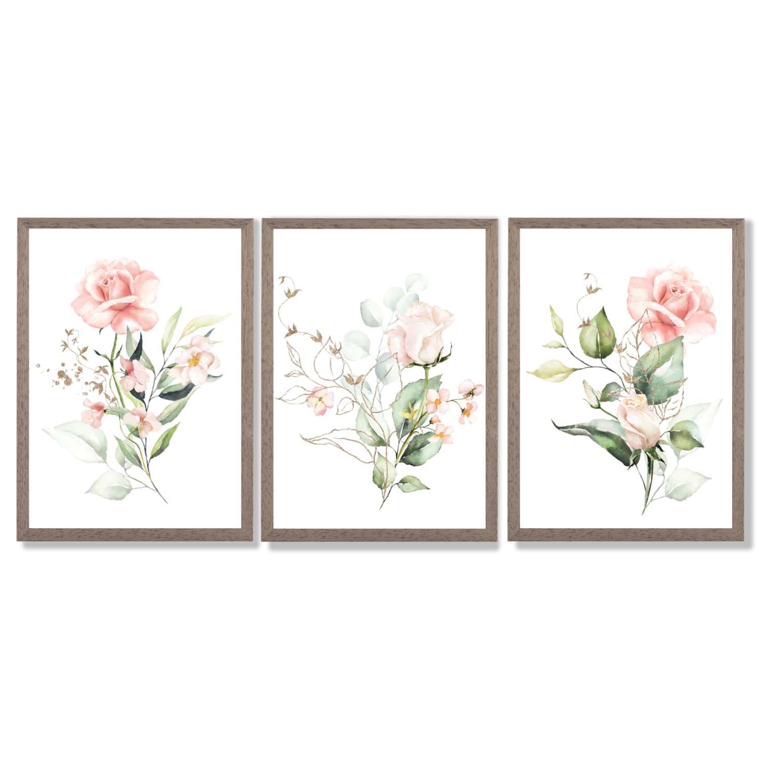 Set of 3 Pink Spring Rose Posies Framed Art Prints with Light Walnut Frames