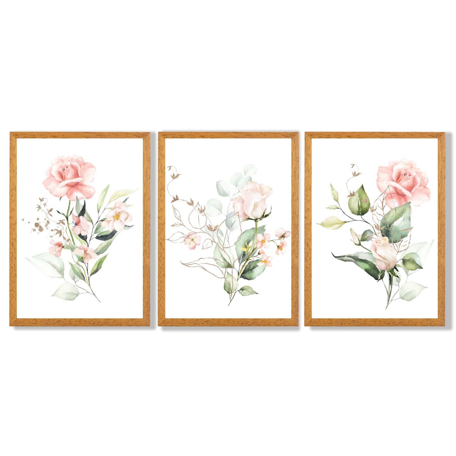 Set of 3 Pink Spring Rose Posies Framed Art Prints with Oak Wooden Frames