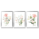 Set of 3 Pink Spring Rose Posies Framed Art Prints with Silver Wood Frames