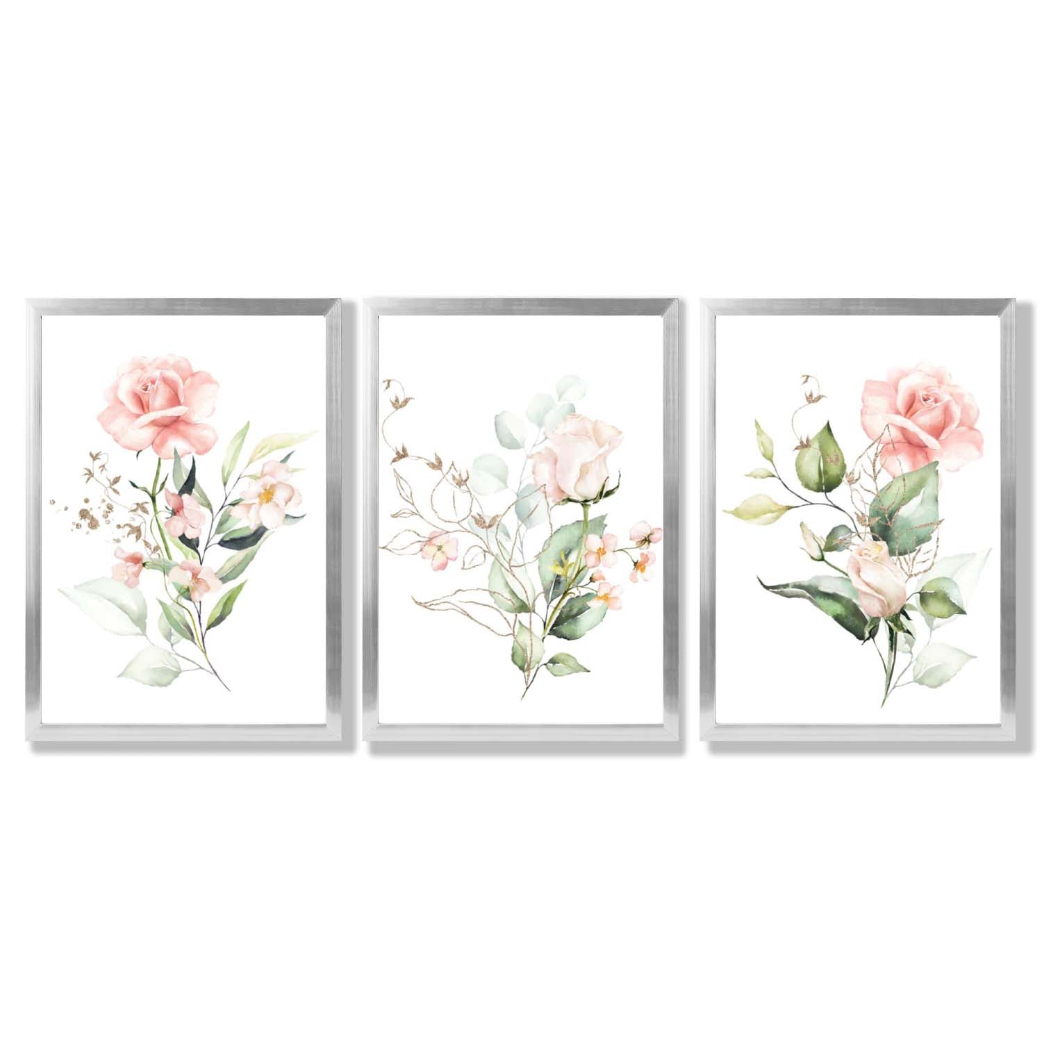 Set of 3 Pink Spring Rose Posies Framed Art Prints with Silver Wood Frames
