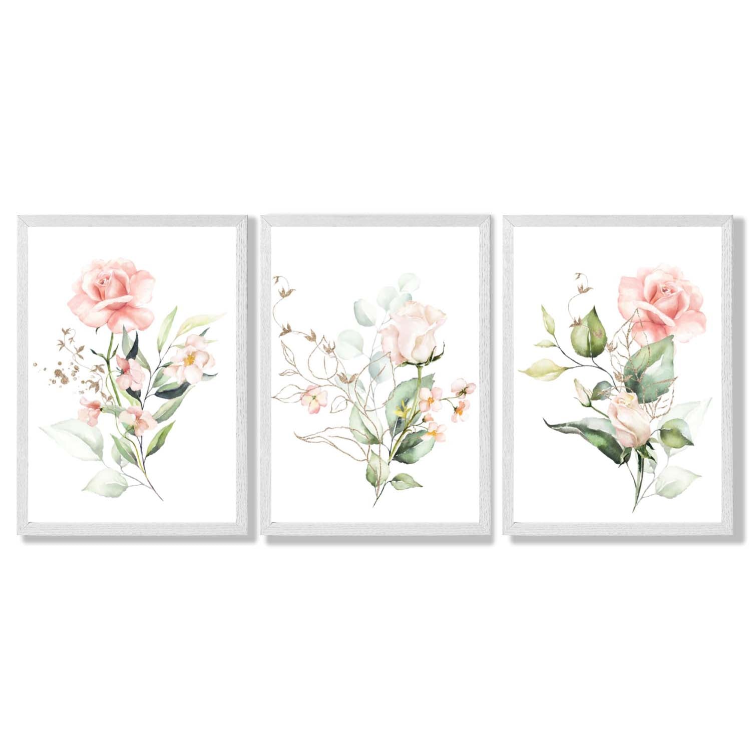 Set of 3 Pink Spring Rose Posies Framed Art Prints with White Wooden Frames