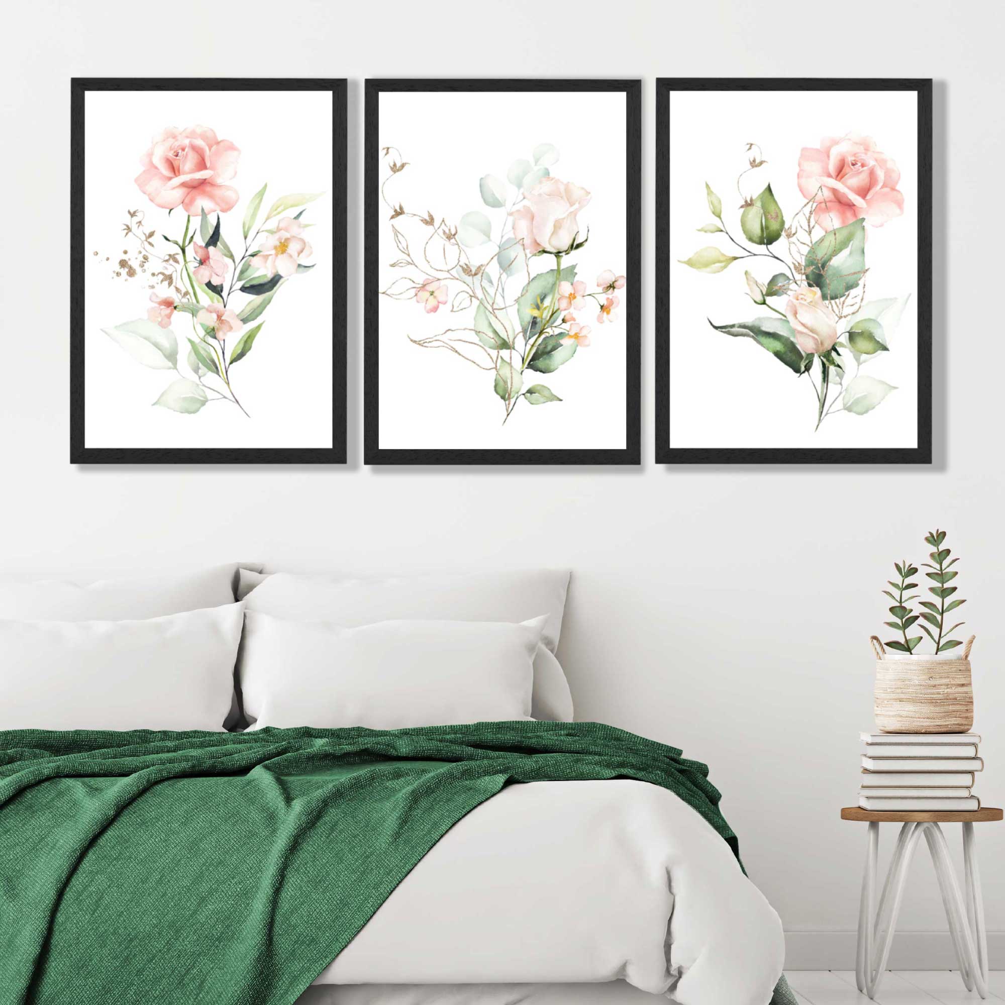 Set of 3 Pink Spring Rose Posies Art Prints in Black Frames | Artze UK