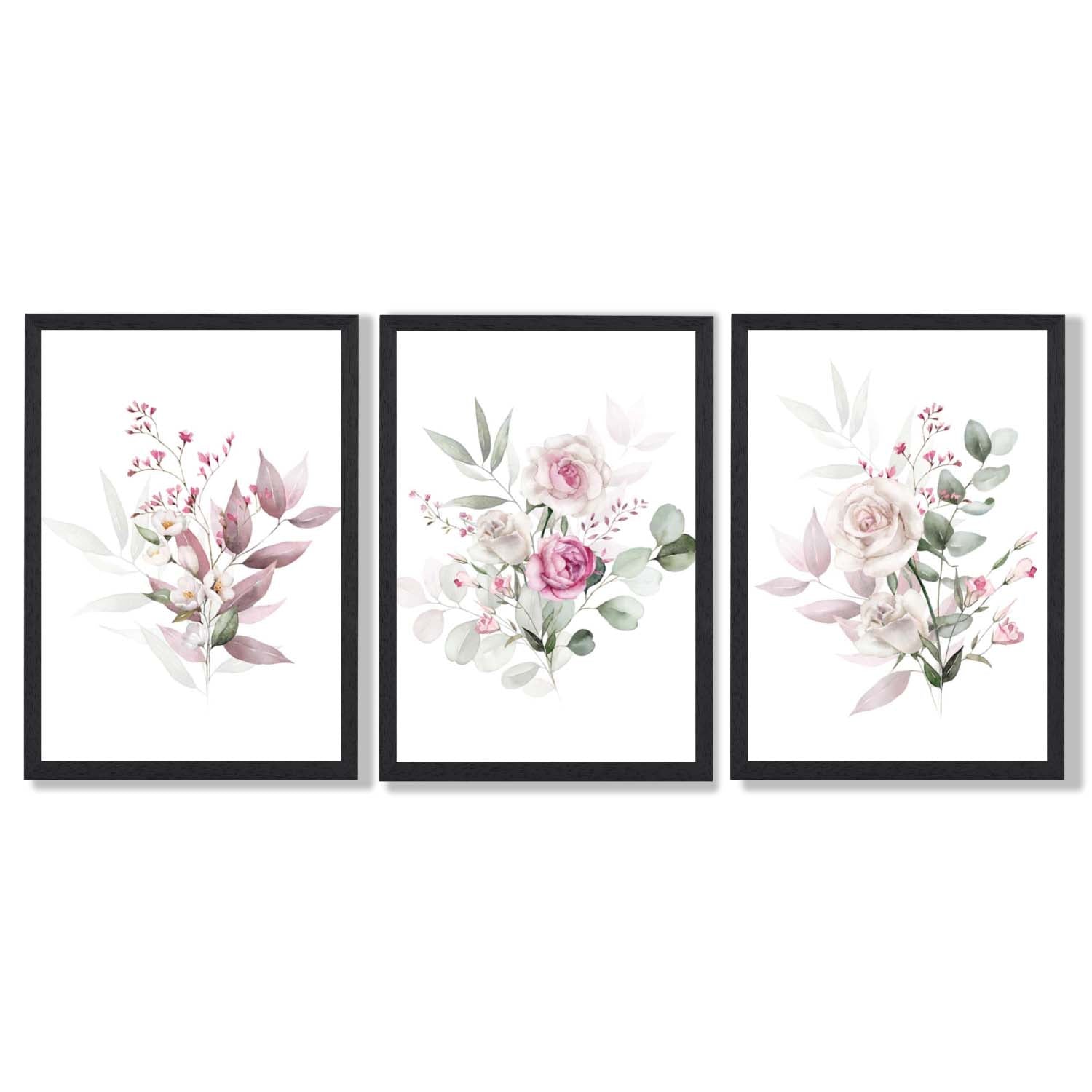 Pink Floral Bouquets Set of 3 Framed Art Prints with Black Wooden Frames