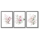 Pink Floral Bouquets Set of 3 Framed Art Prints with Dark Grey Wooden Frames