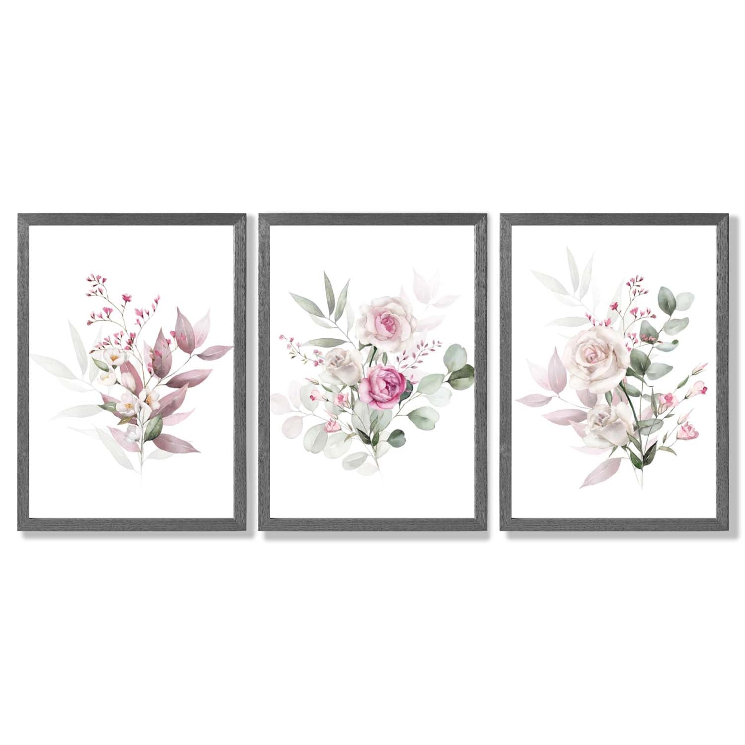Pink Floral Bouquets Set of 3 Framed Art Prints with Dark Grey Wooden Frames