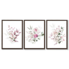 Pink Floral Bouquets Set of 3 Framed Art Prints with Dark Wood Frames