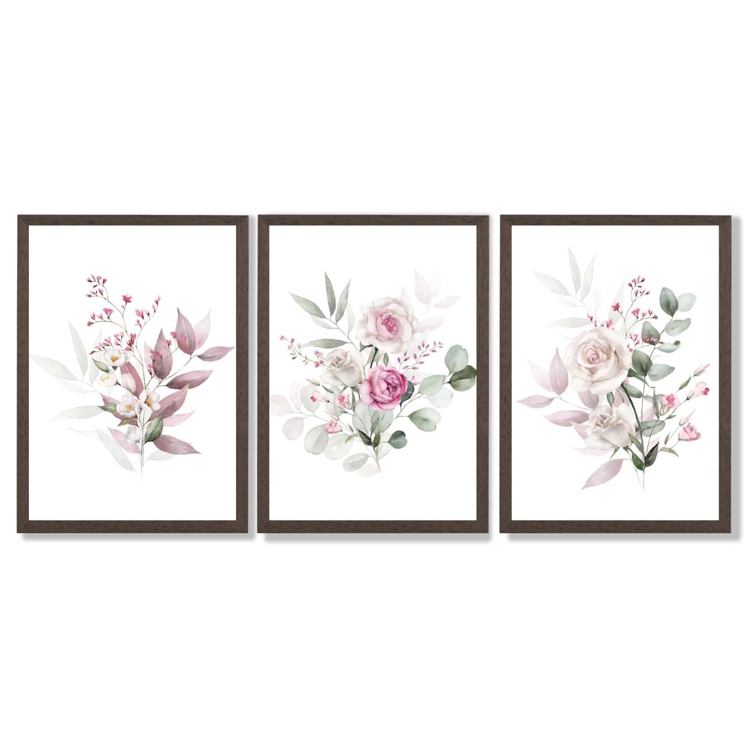 Pink Floral Bouquets Set of 3 Framed Art Prints with Dark Wood Frames