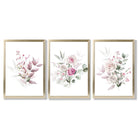 Pink Floral Bouquets Set of 3 Framed Art Prints with Gold Wood Frames