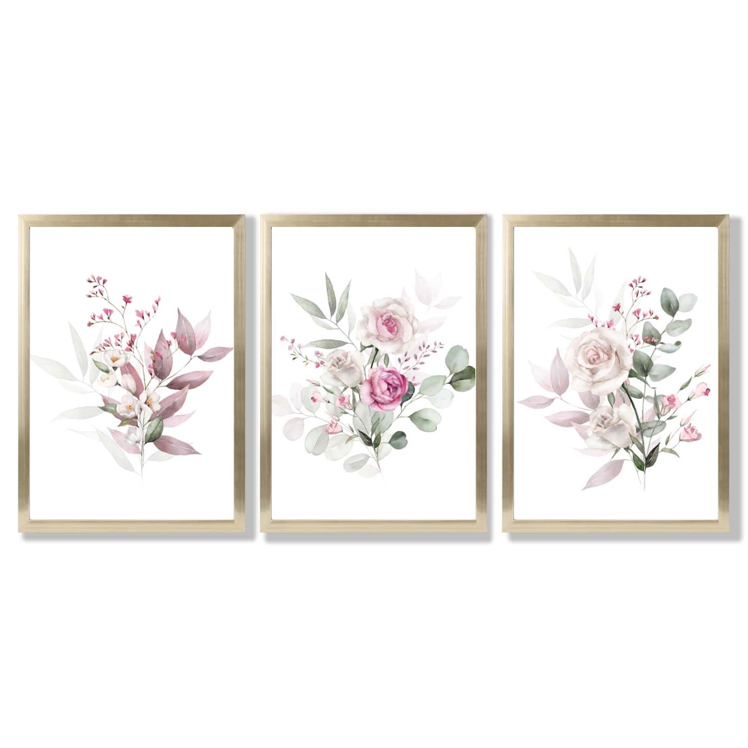 Pink Floral Bouquets Set of 3 Framed Art Prints with Gold Wood Frames