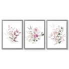 Pink Floral Bouquets Set of 3 Framed Art Prints with Light Grey Wooden Frames