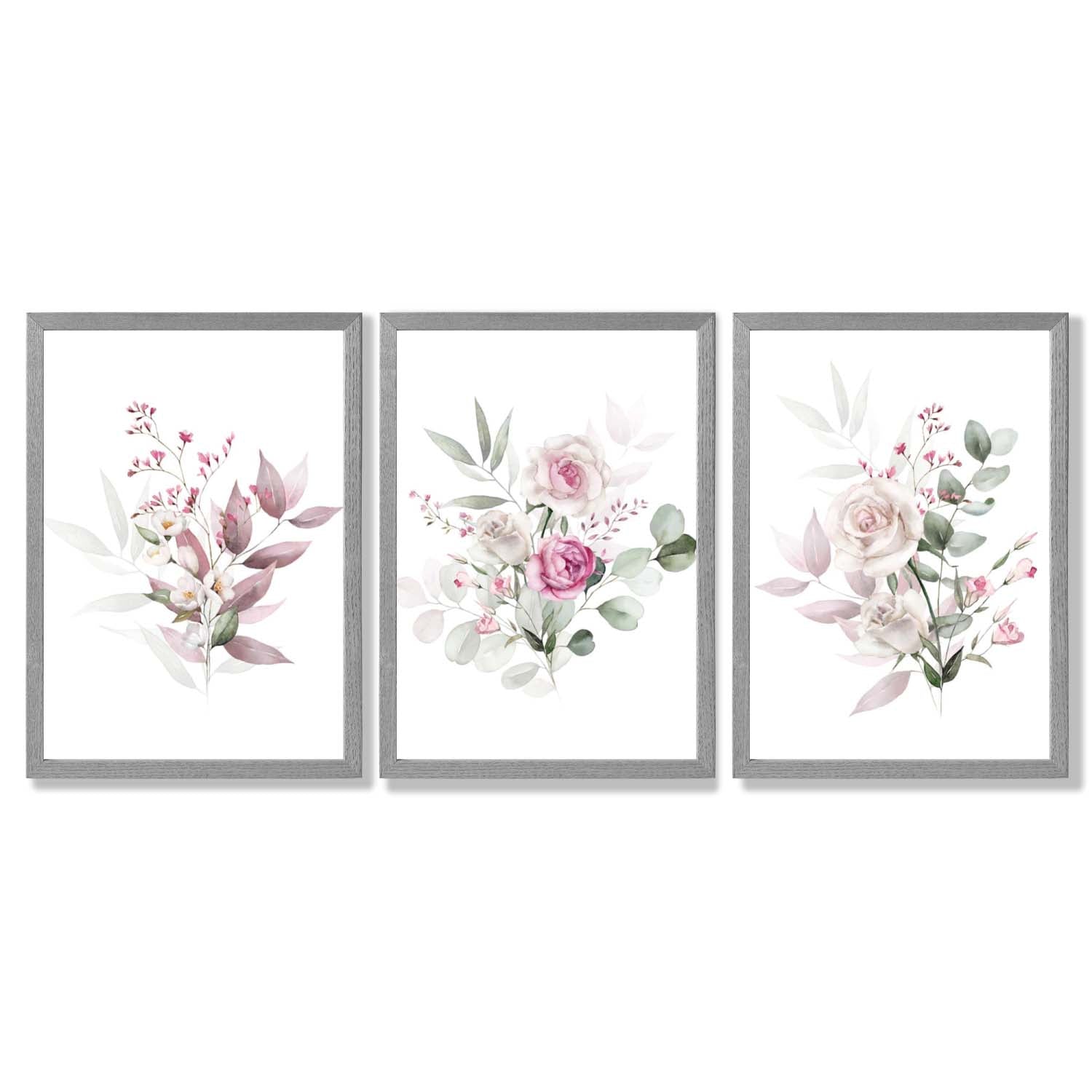 Pink Floral Bouquets Set of 3 Framed Art Prints with Light Grey Wooden Frames