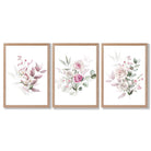 Pink Floral Bouquets Set of 3 Framed Art Prints with Light Oak Frames