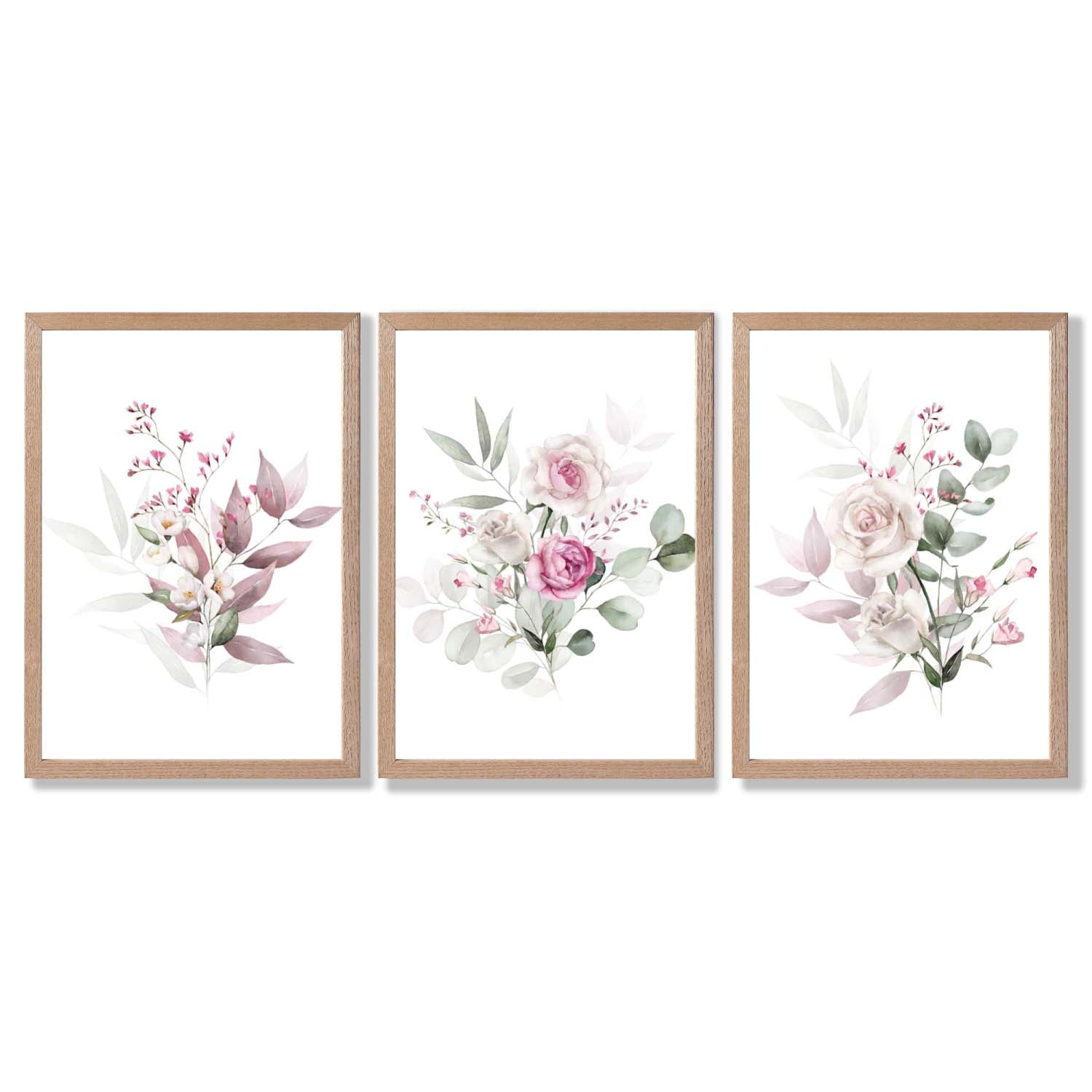 Pink Floral Bouquets Set of 3 Framed Art Prints with Light Oak Frames