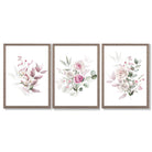 Pink Floral Bouquets Set of 3 Framed Art Prints with Light Walnut Frames