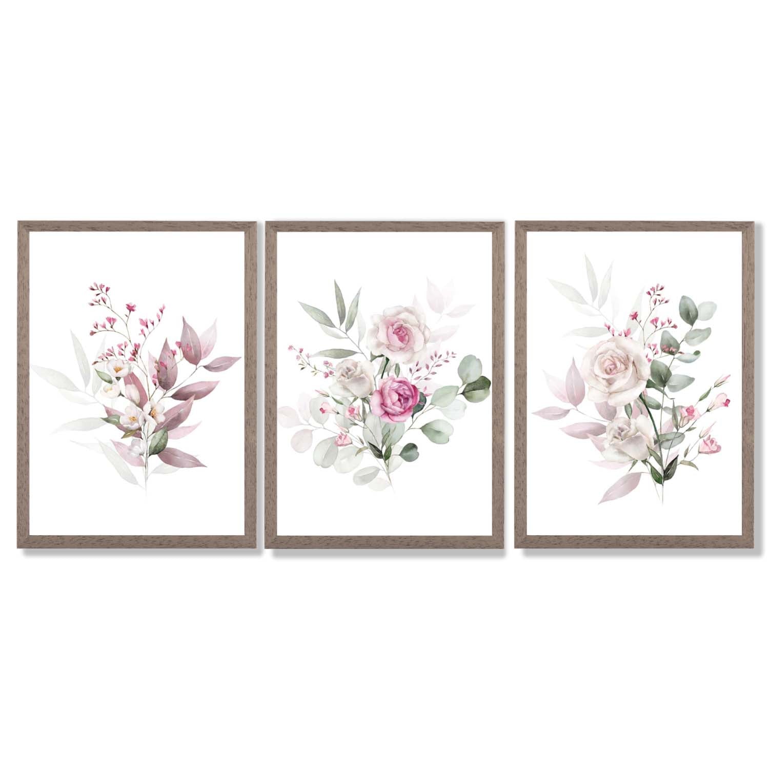 Pink Floral Bouquets Set of 3 Framed Art Prints with Light Walnut Frames