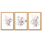 Pink Floral Bouquets Set of 3 Framed Art Prints with Oak Wooden Frames