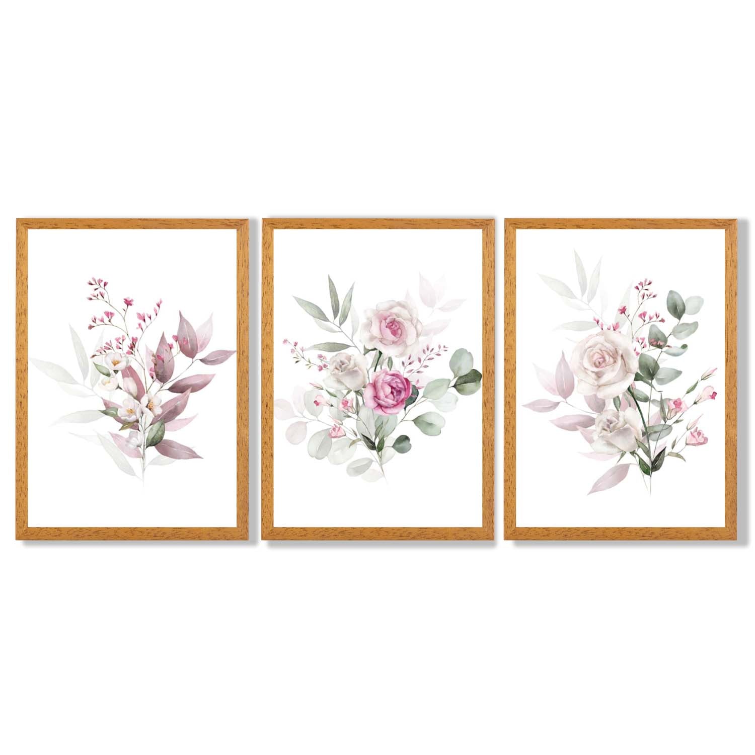 Pink Floral Bouquets Set of 3 Framed Art Prints with Oak Wooden Frames