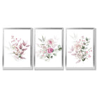 Pink Floral Bouquets Set of 3 Framed Art Prints with Silver Wood Frames