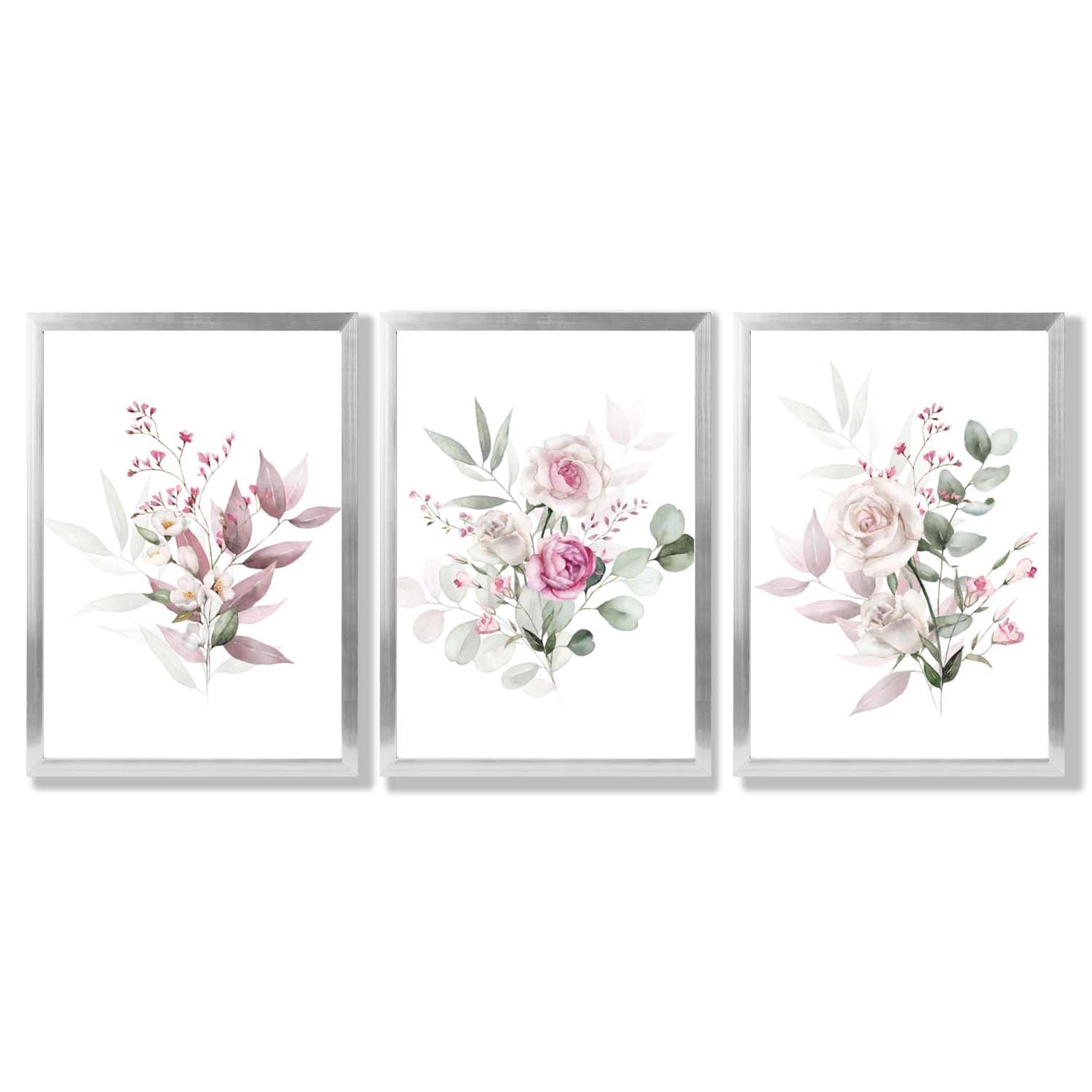 Pink Floral Bouquets Set of 3 Framed Art Prints with Silver Wood Frames