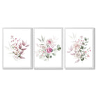 Pink Floral Bouquets Set of 3 Framed Art Prints with White Wooden Frames