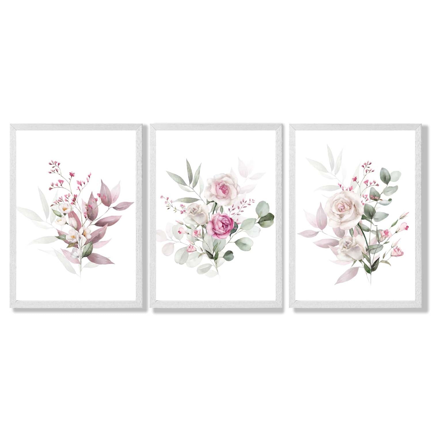 Pink Floral Bouquets Set of 3 Framed Art Prints with White Wooden Frames