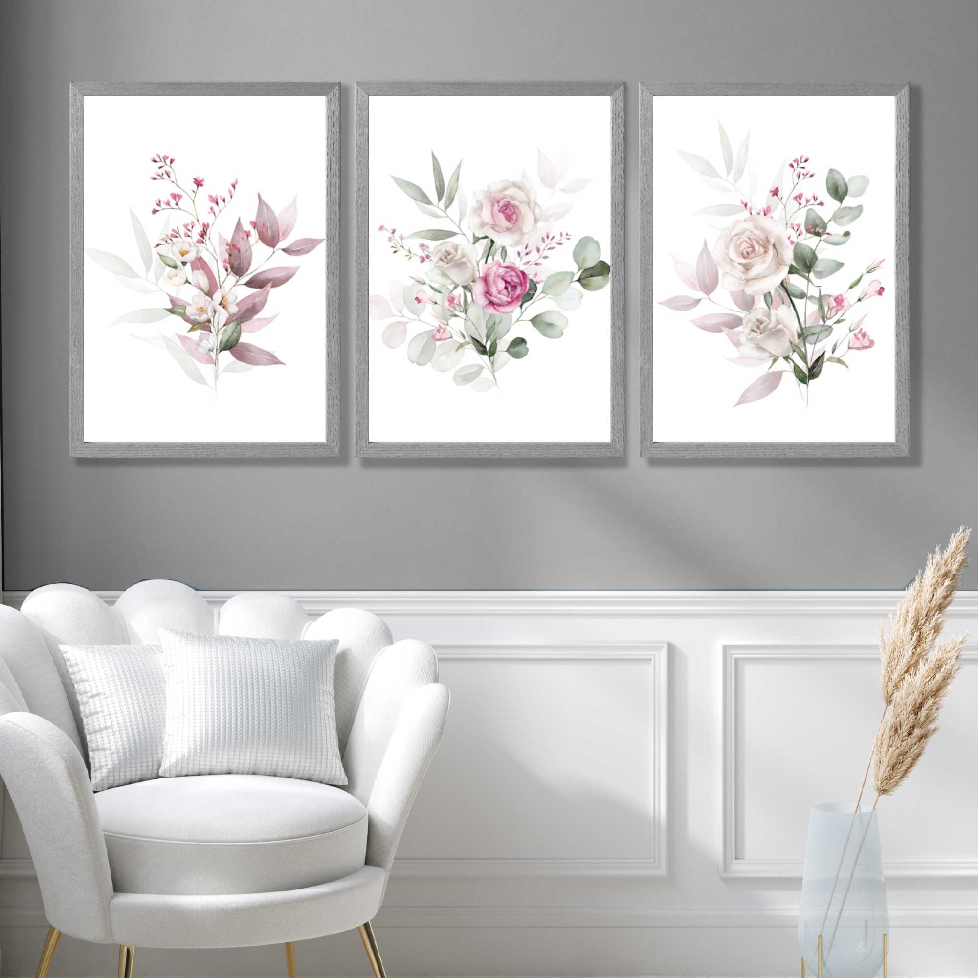 Pink Floral Bouquets Set of 3 Art Prints in Luxury Frames | Artze UK