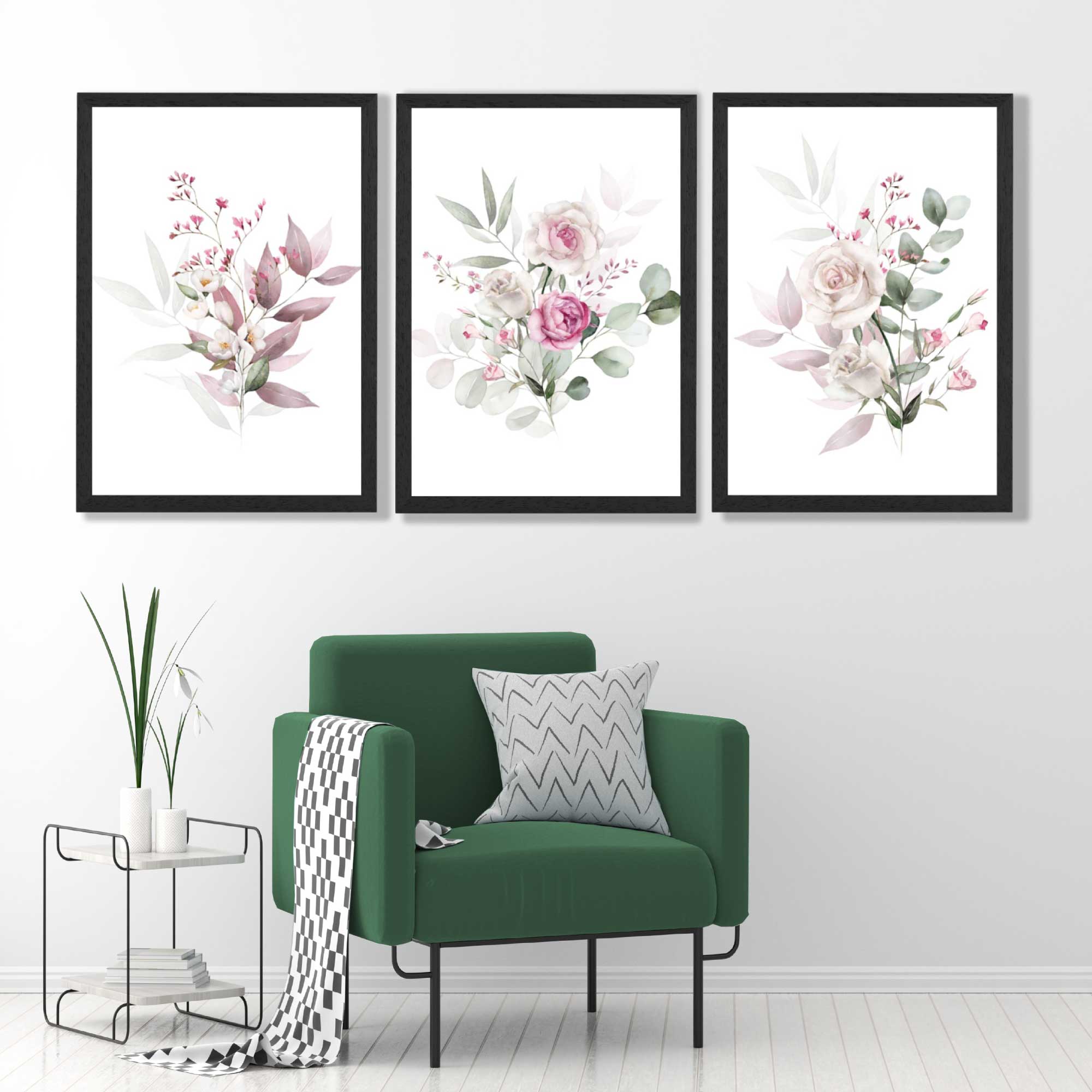 Pink Floral Bouquets Set of 3 Art Prints in Black Frames | Artze UK