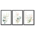 Pink Floral Roses Set of 3 Framed Art Prints with Black Wooden Frames